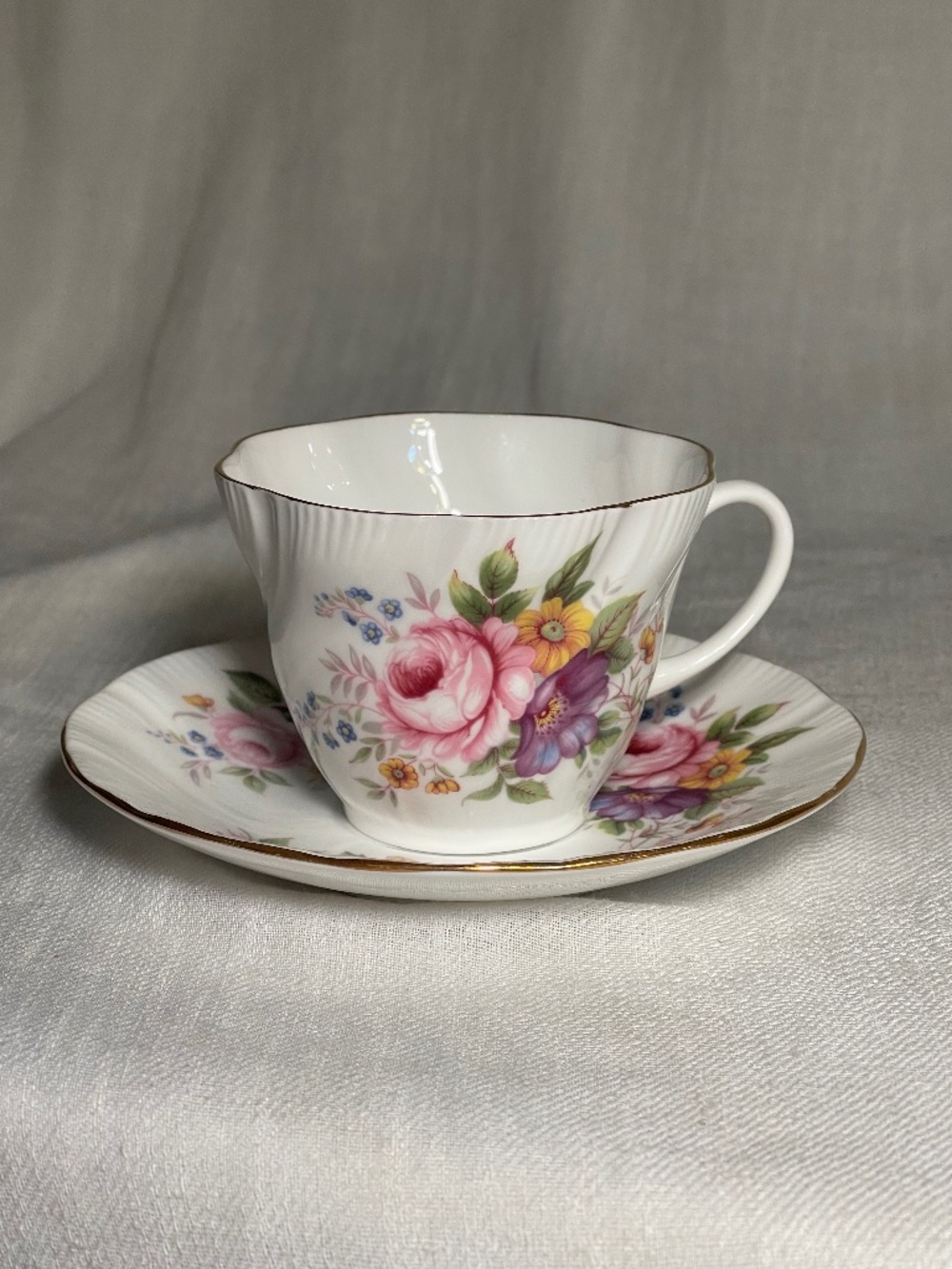 Floral Bone China Teacup and Saucer - Pink & Purple Bouquet